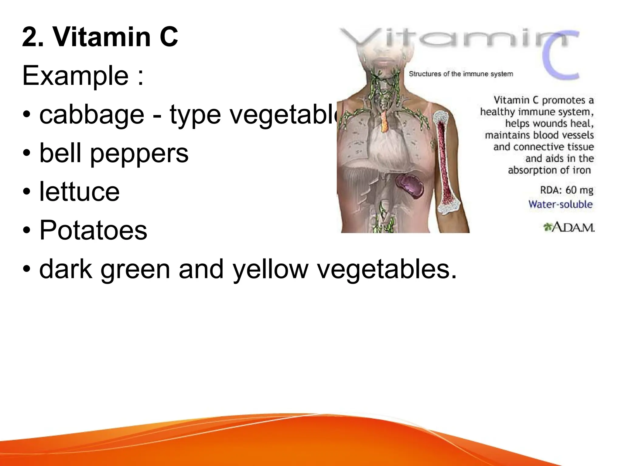 2. Vitamin C
Example :
• cabbage - type vegetables
• bell peppers
• lettuce
• Potatoes
• dark green and yellow vegetables.
 