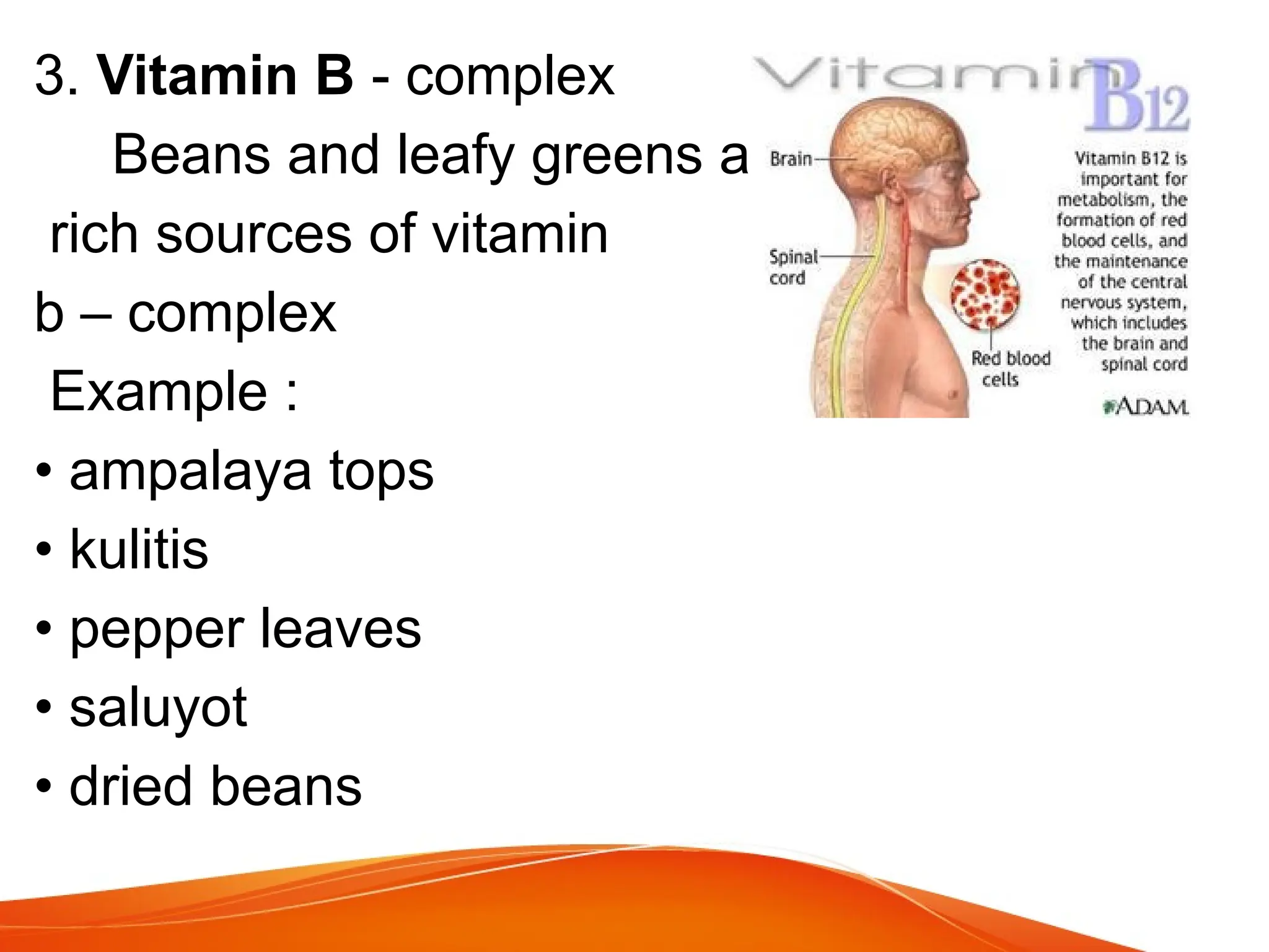 3. Vitamin B - complex
Beans and leafy greens are
rich sources of vitamin
b – complex
Example :
• ampalaya tops
• kulitis
• pepper leaves
• saluyot
• dried beans
 