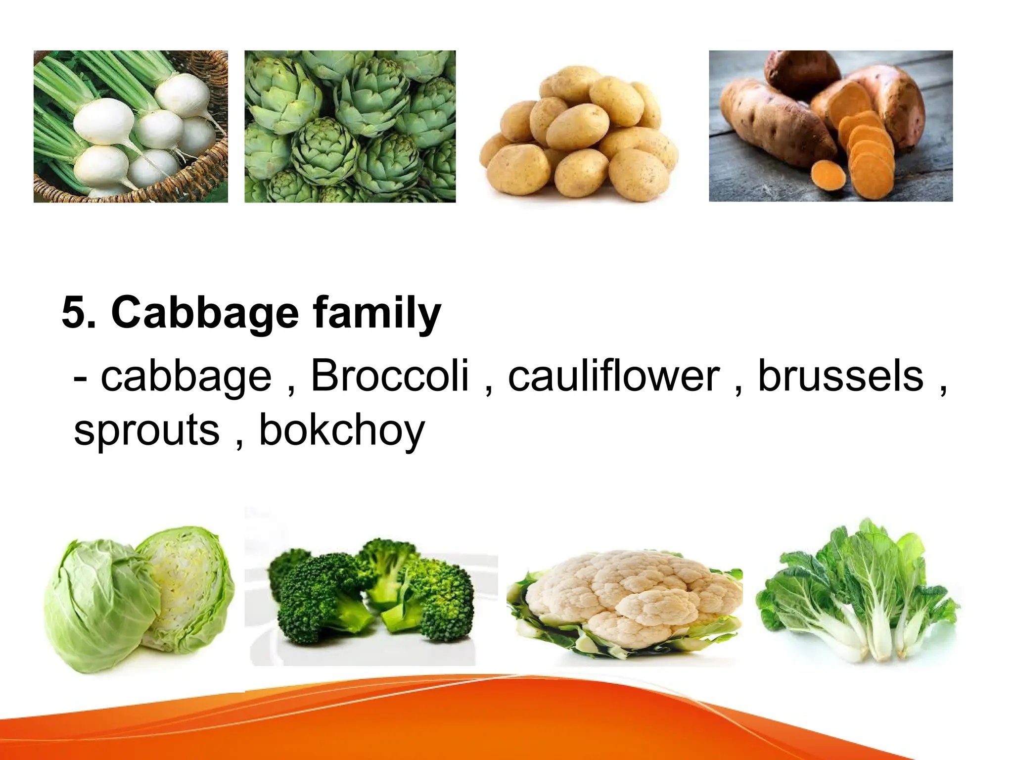 5. Cabbage family
- cabbage , Broccoli , cauliflower , brussels ,
sprouts , bokchoy
 