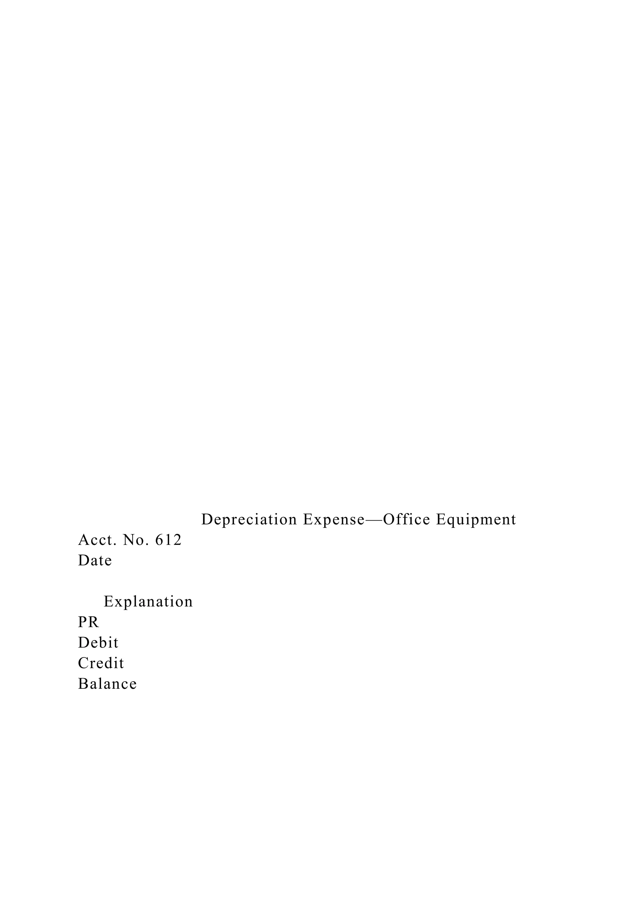 Depreciation Expense—Office Equipment
Acct. No. 612
Date
Explanation
PR
Debit
Credit
Balance
 