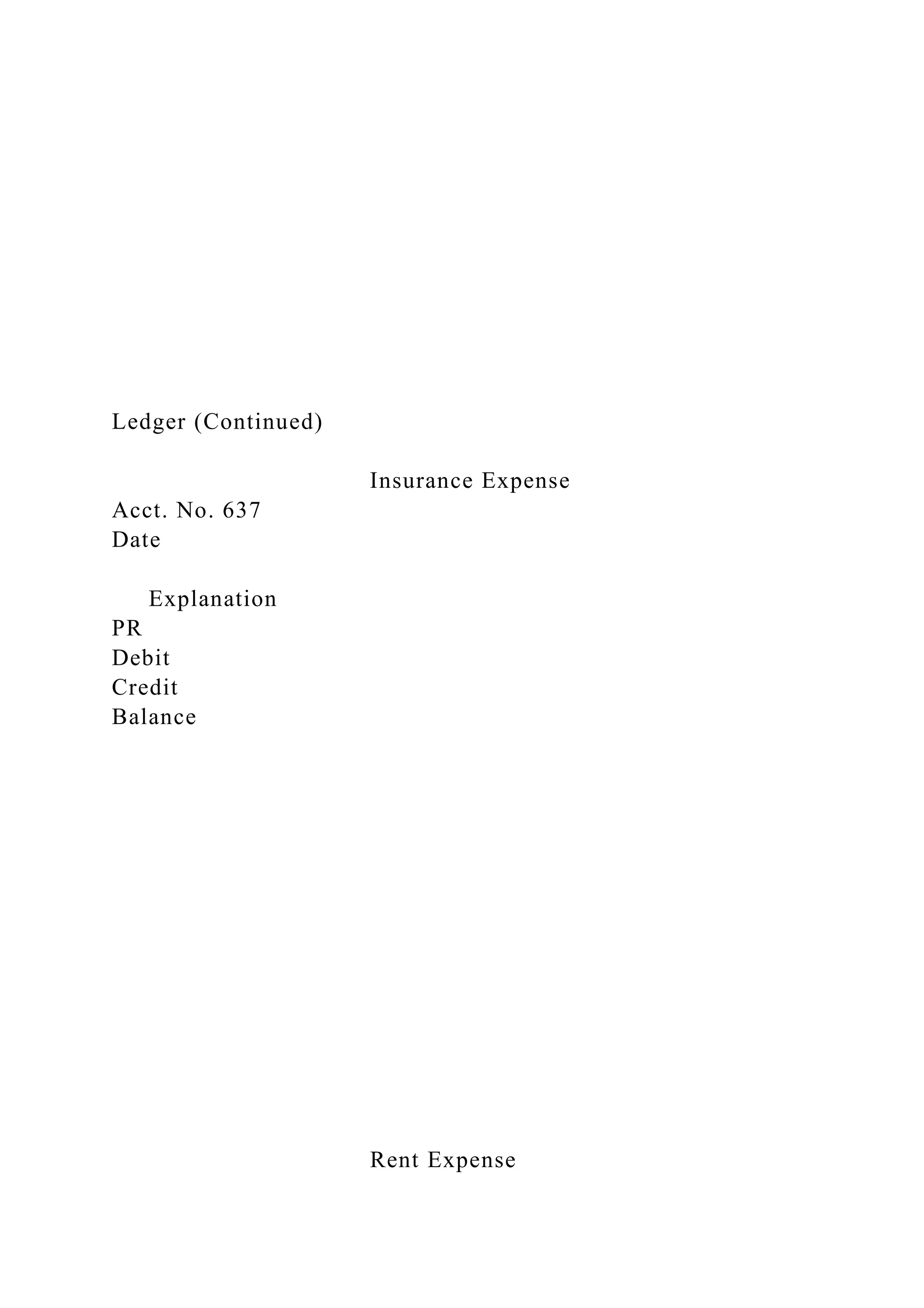 Ledger (Continued)
Insurance Expense
Acct. No. 637
Date
Explanation
PR
Debit
Credit
Balance
Rent Expense
 