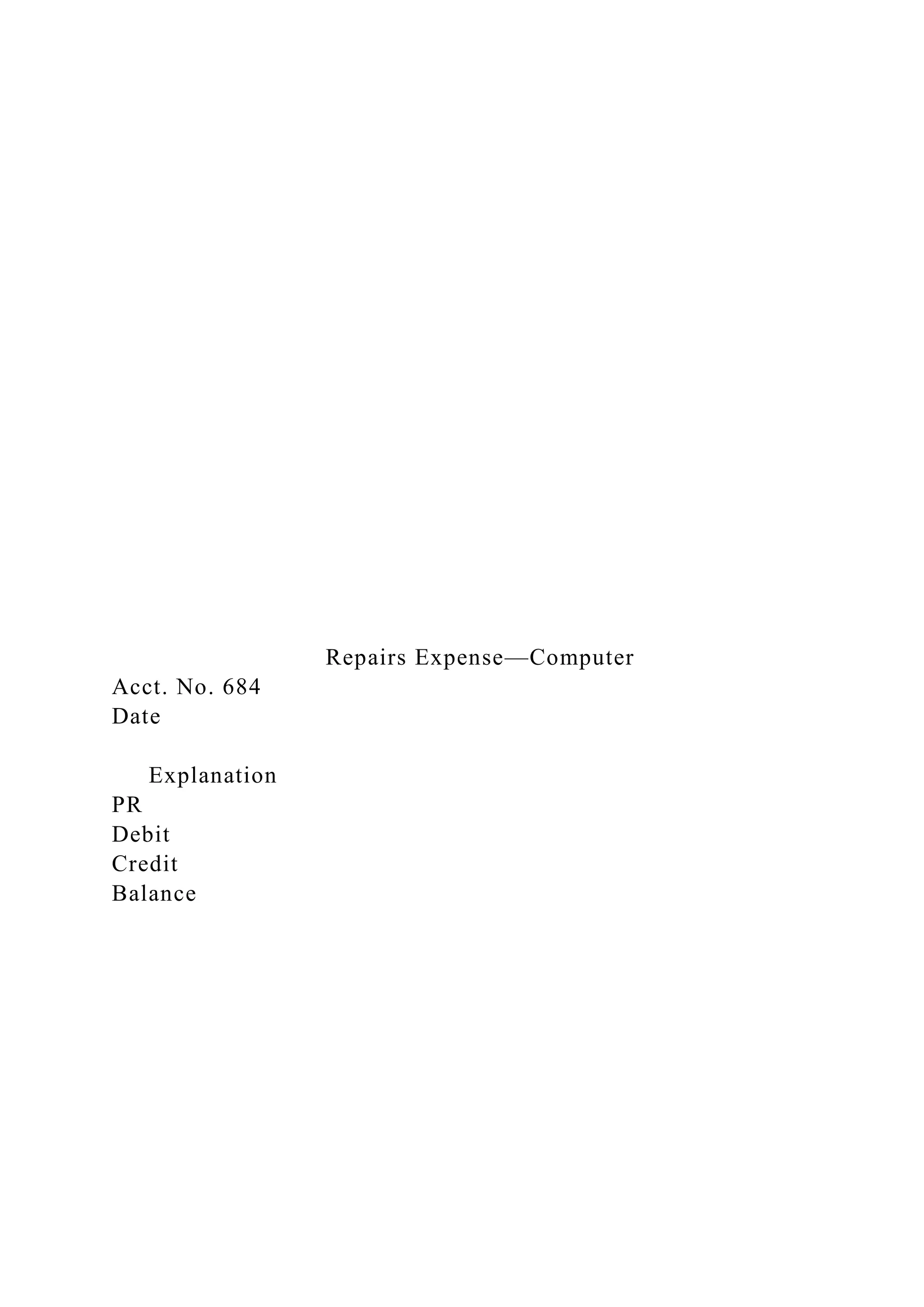 Repairs Expense—Computer
Acct. No. 684
Date
Explanation
PR
Debit
Credit
Balance
 