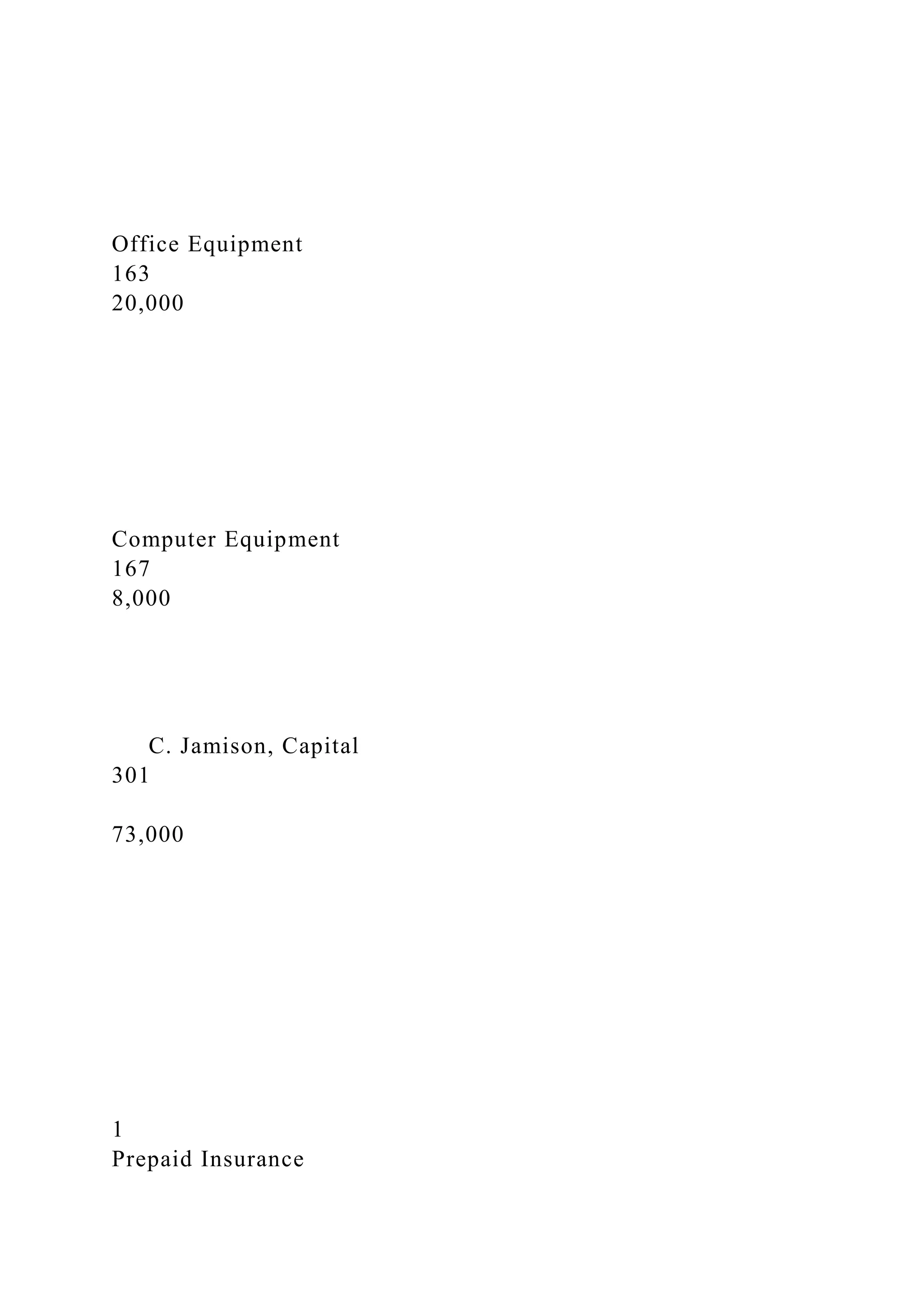 Office Equipment
163
20,000
Computer Equipment
167
8,000
C. Jamison, Capital
301
73,000
1
Prepaid Insurance
 