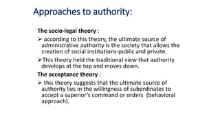 Approaches to authority:
The socio-legal theory :
 according to this theory, the ultimate source of
administrative authority is the society that allows the
creation of social institutions-public and private.
This theory held the traditional view that authority
develops at the top and moves down.
The acceptance theory :
 this theory suggests that the ultimate source of
authority lies in the willingness of subordinates to
accept a superior’s command or orders (behavioral
approach).
 