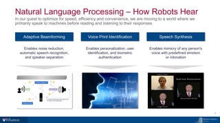 Natural Language Processing – How Robots Hear
In our quest to optimize for speed, efficiency and convenience, we are moving to a world where we
primarily speak to machines before reading and listening to their responses
9
Adaptive Beamforming
Enables noise reduction,
automatic speech recognition,
and speaker separation
Voice Print Identification
Enables personalization, user
identification, and biometric
authentication
Speech Synthesis
Enables mimicry of any person's
voice with predefined emotion
or intonation
 