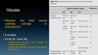 TRAUMA 
• Whether the limb should 
undergo salvage or 
amputation? 
• 8 studies 
• Level III, Class IIb 
• Gustilo IIIA fractures are unlikely to 
require amputation 
• Gustilo IIIB and IIIC fractures may require 
amputation 
 