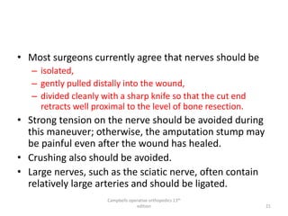 • Most surgeons currently agree that nerves should be
– isolated,
– gently pulled distally into the wound,
– divided cleanly with a sharp knife so that the cut end
retracts well proximal to the level of bone resection.
• Strong tension on the nerve should be avoided during
this maneuver; otherwise, the amputation stump may
be painful even after the wound has healed.
• Crushing also should be avoided.
• Large nerves, such as the sciatic nerve, often contain
relatively large arteries and should be ligated.
Campbells operative orthopedics 13th
edition 21
 