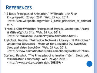 References"12 Basic Principles of Animation." Wikipedia, the Free Encyclopedia. 23 Apr. 2011. Web. 24 Apr. 2011. <http://en.wikipedia.org/wiki/12_basic_principles_of_animation>."Frank & Ollie'sWebsite: Principles of Physical Animation." Frank & Ollie'sOfficial Site. Web. 24 Apr. 2011. <http://frankandollie.com/PhysicalAnimation.html>.Lightfoot, Nataha. "Animation Toolworks' Library - 12 Principles." Animation Toolworks - Home of the LunchBox DV, LunchBox Sync and Video LunchBox. Web. 24 Apr. 2011. <http://www.animationtoolworks.com/library/article9.html>.Stefano, Ralph A. "The Principles of Animation." Evl | Electronic Visualization Laboratory. Web. 24 Apr. 2011. <http://www.evl.uic.edu/ralph/508S99/>