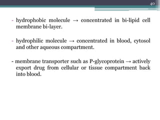 - hydrophobic molecule → concentrated in bi-lipid cell
membrane bi-layer.
- hydrophilic molecule → concentrated in blood, cytosol
and other aqueous compartment.
- membrane transporter such as P-glycoprotein → actively
export drug from cellular or tissue compartment back
into blood.
40
 