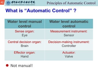 42
What is “Automatic Control” ?
Water level manual
control
Water level automatic
control
Sense organ:
Eye
Measurement instrument:
Sensor
Central decision organ:
Brain
Decision-making instrument:
Controller
Effector organ:
Hand
Actuator:
Valve
l Not manual!
 
