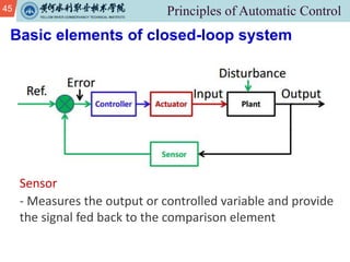 45
Basic elements of closed-loop system
Sensor
- Measures the output or controlled variable and provide
the signal fed back to the comparison element
 
