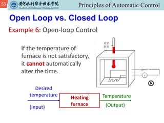 53
Example 6: Open-loop Control
Open Loop vs. Closed Loop
Heating
furnace
Desired
temperature
(Input)
Temperature
(Output)
If the temperature of
furnace is not satisfactory,
it cannot automatically
alter the time.
 