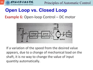55
Example 6: Open-loop Control – DC motor
Open Loop vs. Closed Loop
If a variation of the speed from the desired value
appears, due to a change of mechanical load on the
shaft, it is no way to change the value of input
quantity automatically.
 
