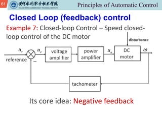 61
Example 7: Closed-loop Control – Speed closed-
loop control of the DC motor
Closed Loop (feedback) control
voltage
amplifier
power
amplifier
r
u
reference
a
u DC
motor
disturbance

tachometer
_
e
u
Its core idea: Negative feedback
 