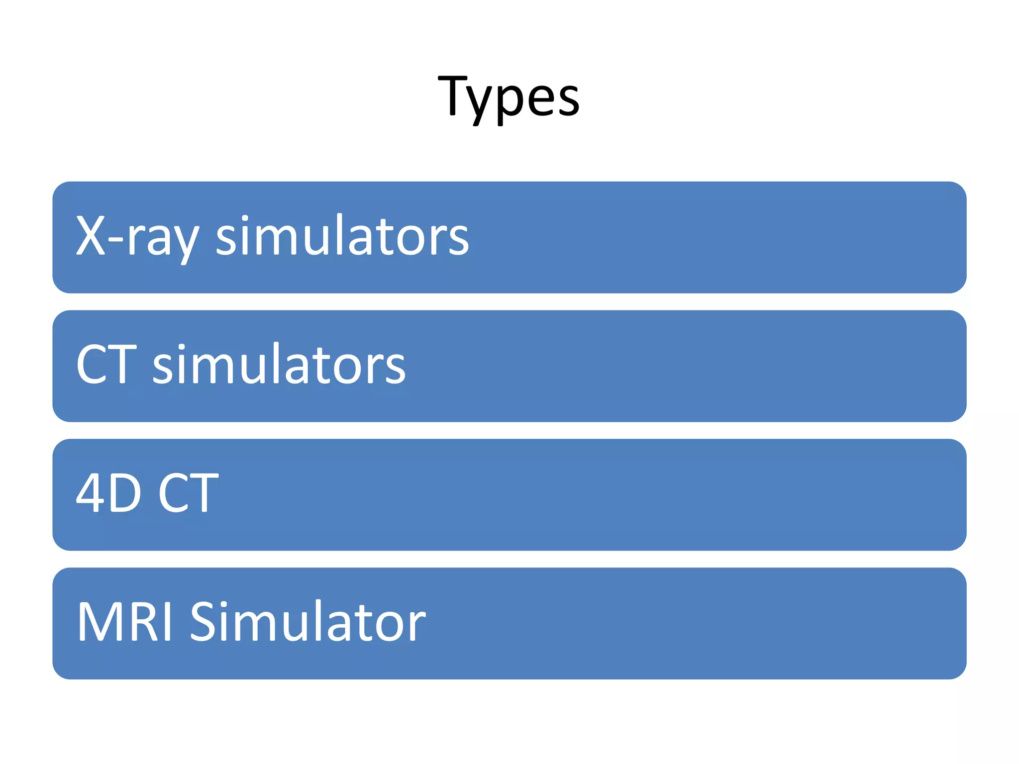 Types
X-ray simulators
CT simulators
4D CT
MRI Simulator
 