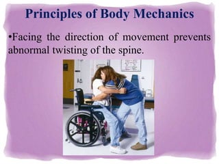Principles of Body Mechanics
•Facing the direction of movement prevents
abnormal twisting of the spine.
 