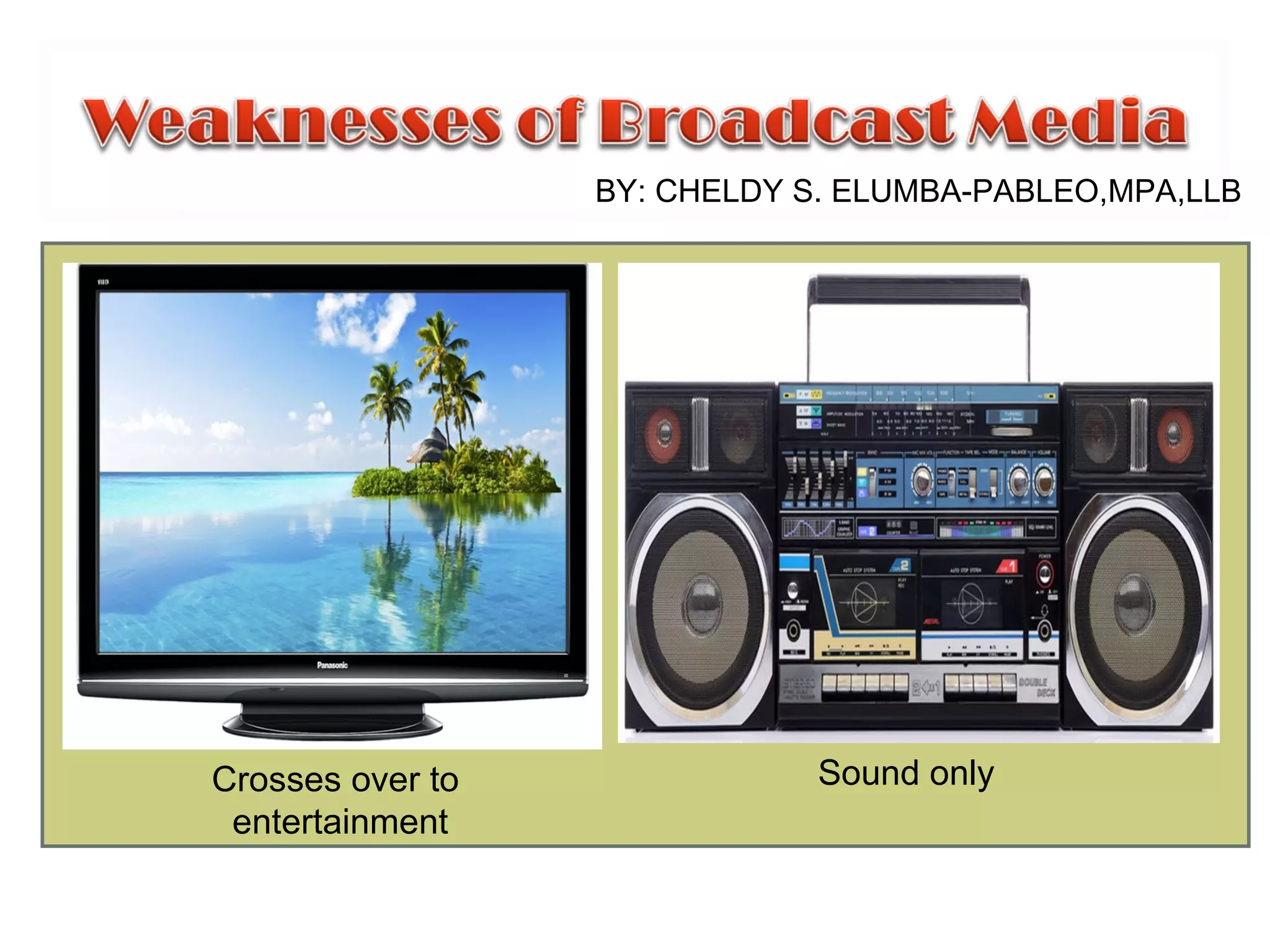 •
Sound onlyCrosses over to
entertainment
BY: CHELDY S. ELUMBA-PABLEO,MPA,LLB
 