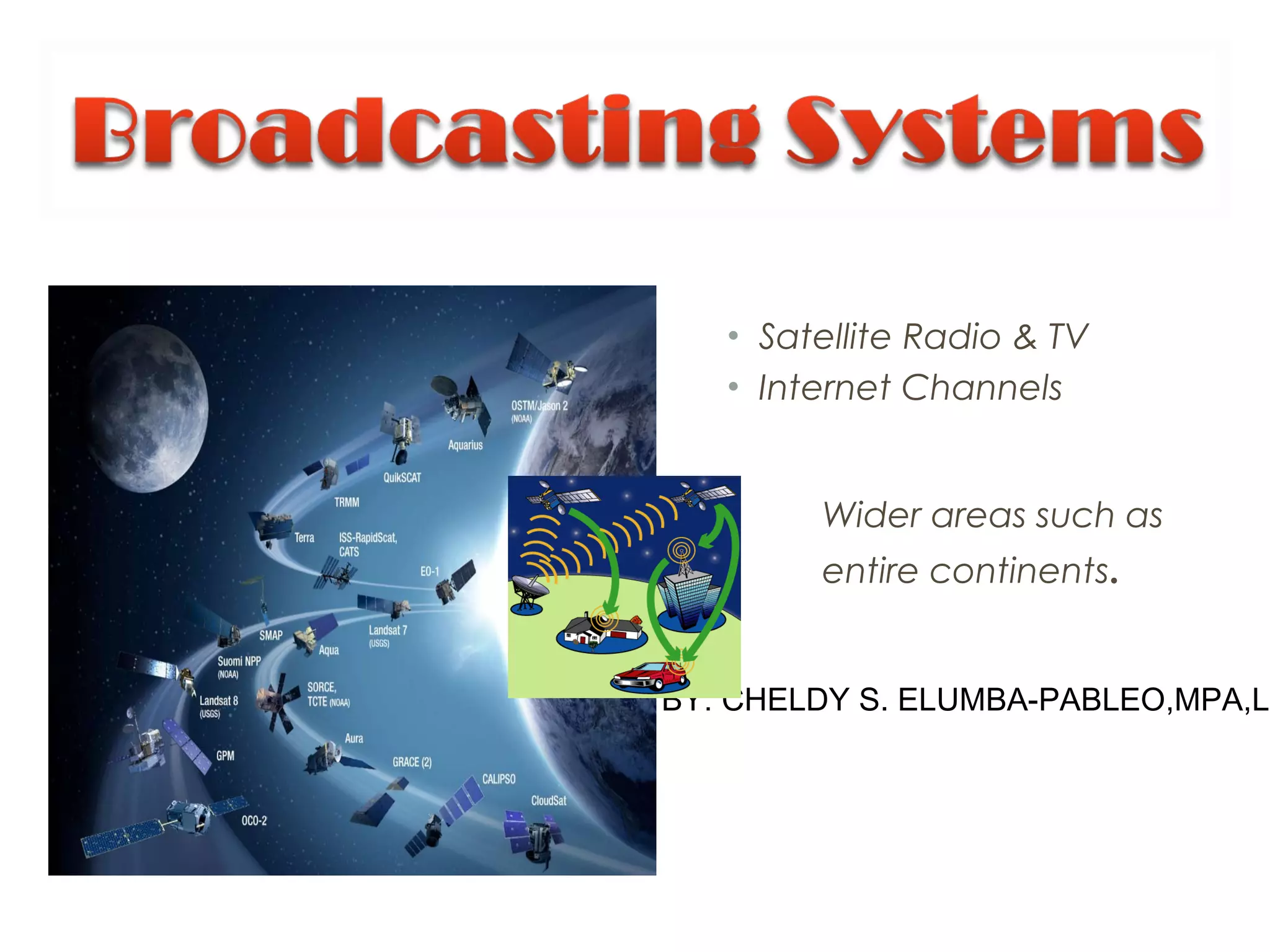 • Satellite Radio & TV
• Internet Channels
Wider areas such as
entire continents.
BY: CHELDY S. ELUMBA-PABLEO,MPA,LL
 