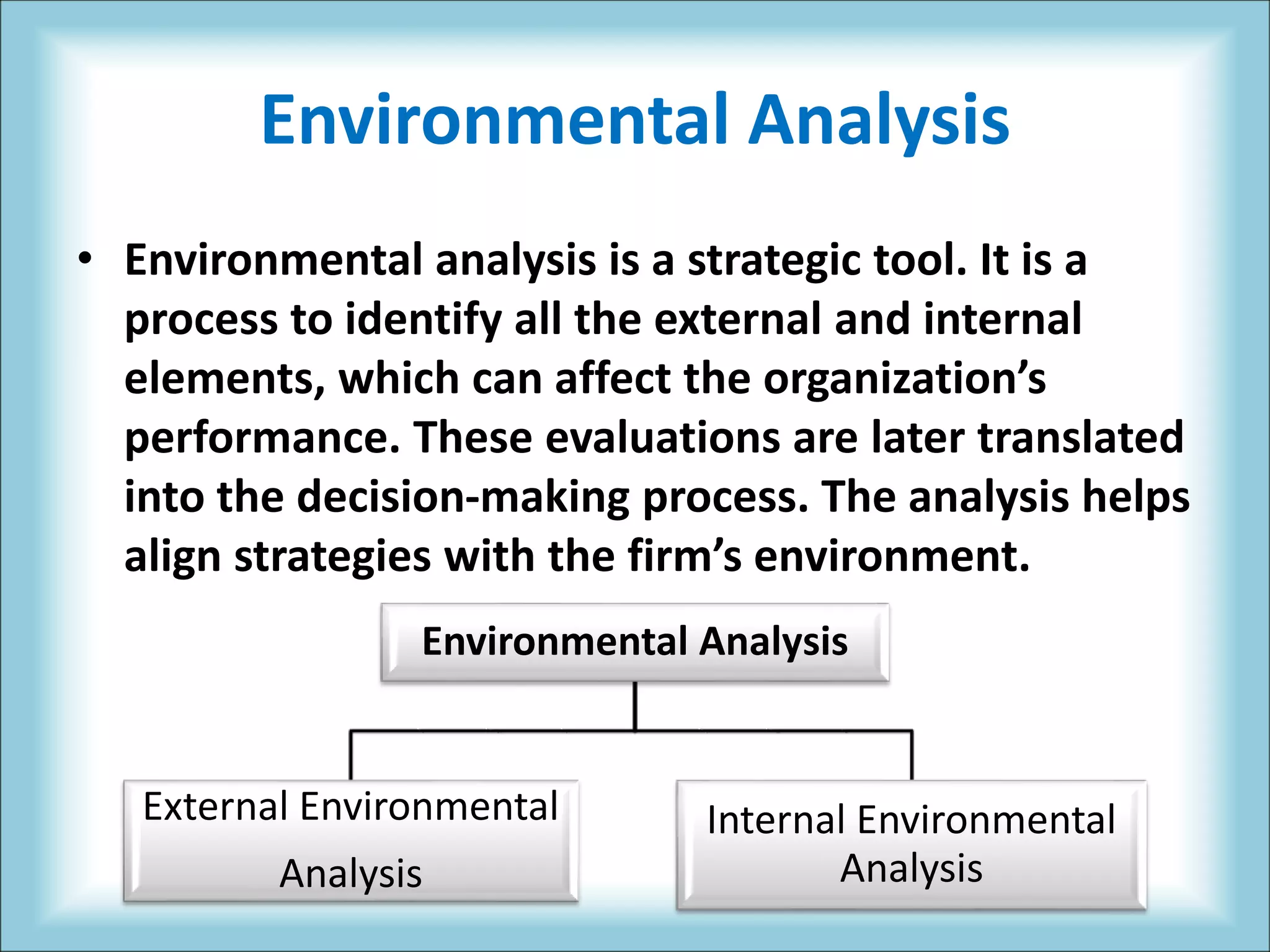 Environmental Analysis
• Environmental analysis is a strategic tool. It is a
process to identify all the external and internal
elements, which can affect the organization’s
performance. These evaluations are later translated
into the decision-making process. The analysis helps
align strategies with the firm’s environment.
Environmental Analysis
External Environmental
Analysis
Internal Environmental
Analysis
 