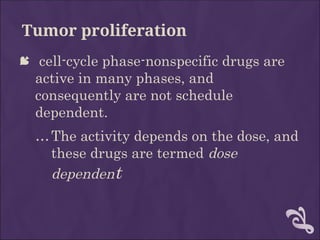 Tumor proliferation
 cell-cycle phase-nonspecific drugs are
active in many phases, and
consequently are not schedule
dependent.
…The activity depends on the dose, and
these drugs are termed dose
dependent
 