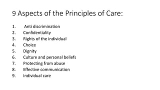 9 Aspects of the Principles of Care:
1. Anti discrimination
2. Confidentiality
3. Rights of the individual
4. Choice
5. Dignity
6. Culture and personal beliefs
7. Protecting from abuse
8. Effective communication
9. Individual care
 