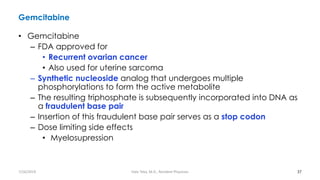 Gemcitabine
• Gemcitabine
– FDA approved for
• Recurrent ovarian cancer
• Also used for uterine sarcoma
– Synthetic nucleoside analog that undergoes multiple
phosphorylations to form the active metabolite
– The resulting triphosphate is subsequently incorporated into DNA as
a fraudulent base pair
– Insertion of this fraudulent base pair serves as a stop codon
– Dose limiting side effects
• Myelosupression
37
7/26/2019 Hale Teka, M.D., Resident Physician
 