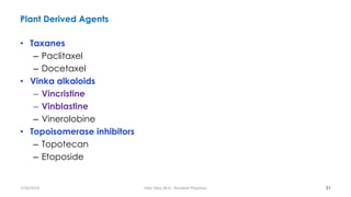 Plant Derived Agents
• Taxanes
– Paclitaxel
– Docetaxel
• Vinka alkaloids
– Vincristine
– Vinblastine
– Vinerolobine
• Topoisomerase inhibitors
– Topotecan
– Etoposide
51
7/26/2019 Hale Teka, M.D., Resident Physician
 