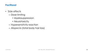 Paclitaxel
• Side effects
– Dose limiting
• Myelosuppression
• Neurotoxicity
– Hypersensitivity reaction
– Alopecia (total body hair loss)
54
7/26/2019 Hale Teka, M.D., Resident Physician
 
