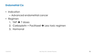 Endometrial Ca
• Indication
– Advanced endometrial cancer
• Regimen
1. TAP ➔ 7 doses
2. Carboplatin + Paclitaxel ➔ Less toxic regimen
3. Hormonal
78
7/26/2019 Hale Teka, M.D., Resident Physician
 