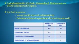  Cyclophosphamide, Cyt Arab., Chlorambucil, Methotrexate are
effective radioprotective agents.
 Cyt Arab in morrow
 do not modify stem cell radiosensitivity
 Stimulate enhanced repopulation by surviving stem cells
 