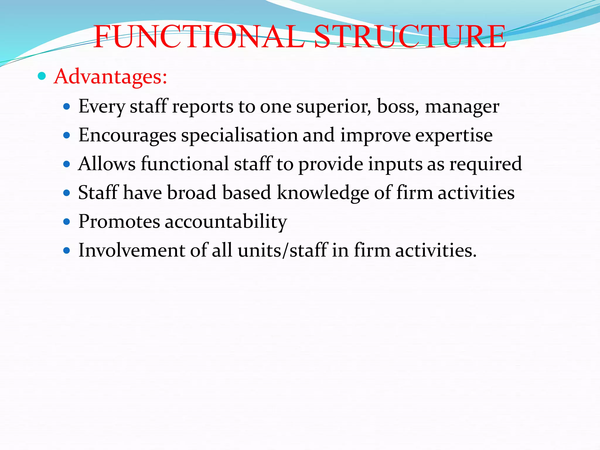 FUNCTIONAL STRUCTURE
 Advantages:
 Every staff reports to one superior, boss, manager
 Encourages specialisation and improve expertise
 Allows functional staff to provide inputs as required
 Staff have broad based knowledge of firm activities
 Promotes accountability
 Involvement of all units/staff in firm activities.
 