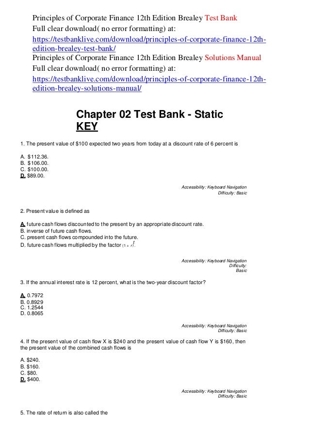 principles of corporate finance 12th edition brealey test bank discount factor 12