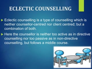 ECLECTIC COUNSELLING
 Eclectic counselling is a type of counselling which is
neither counsellor-centred nor client centred; but a
combination of both.
 Here the counsellor is neither too active as in directive
counselling nor too passive as in non-directive
counselling, but follows a middle course.
 