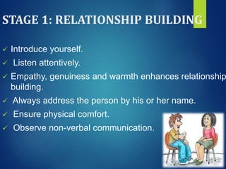 STAGE 1: RELATIONSHIP BUILDING
 Introduce yourself.
 Listen attentively.
 Empathy, genuiness and warmth enhances relationship
building.
 Always address the person by his or her name.
 Ensure physical comfort.
 Observe non-verbal communication.
 