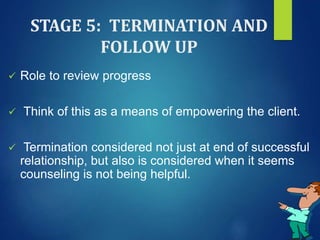 STAGE 5: TERMINATION AND
FOLLOW UP
 Role to review progress
 Think of this as a means of empowering the client.
 Termination considered not just at end of successful
relationship, but also is considered when it seems
counseling is not being helpful.
 