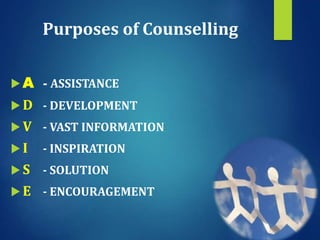Purposes of Counselling
 A - ASSISTANCE
 D - DEVELOPMENT
 V - VAST INFORMATION
 I - INSPIRATION
 S - SOLUTION
 E - ENCOURAGEMENT
 