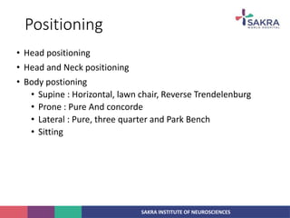 SAKRA INSTITUTE OF NEUROSCIENCES
Positioning
• Head positioning
• Head and Neck positioning
• Body postioning
• Supine : Horizontal, lawn chair, Reverse Trendelenburg
• Prone : Pure And concorde
• Lateral : Pure, three quarter and Park Bench
• Sitting
 