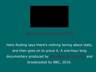 https://vimeo.com/18477762
Hans Rosling says there’s nothing boring about stats,
and then goes on to prove it. A one-hour long
documentary produced by Wingspan Productions and
broadcasted by BBC, 2010.
 