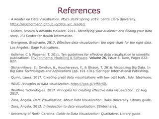 References
• A Reader on Data Visualization. MSIS 2629 Spring 2019. Santa Clara University.
https://mschermann.github.io/data_viz_reader/
• Dubow, Jessica & Amanda Makulec. 2014. Identifying your audience and finding your data
story. JSI Center for Health Information.
• Evergreen, Stephanie. 2017. Effective data visualization: the right chart for the right data.
Los Angeles: Sage Publications.
• Kelleher, C & Wagener, T. 2011. Ten guidelines for effective data visualization in scientific
publications. Environmental Modelling & Software. Volume 26, Issue 6, June, Pages 822-
827.
• Olshannikova, E., Ometov, A., Koucheryavy, Y., & Olsson, T. 2016. Visualizing Big Data. In
Big Data Technologies and Applications (pp. 101-131). Springer International Publishing.
• Quinn, Laura. 2017. Creating great data visualizations with low cost tools. July. Idealware.
• WILS. Principles of data visualization. https://goo.gl/eMRHOU
• WinWire Technologies. 2017. Principles for creating effective data visualization. 22 Aug
2017.
• Zoss, Angela. Data Visualization: About Data Visualization. Duke University. Library guide.
• Zoss, Angela. 2012. Introduction to data visualization. (Slideshare).
• University of North Carolina. Guide to Data Visualization: Qualitative. Library guide.
 