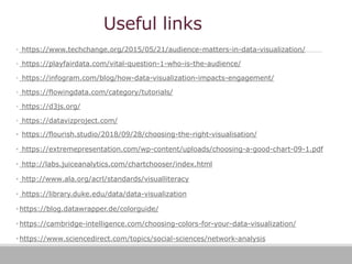 Useful links
• https://www.techchange.org/2015/05/21/audience-matters-in-data-visualization/
• https://playfairdata.com/vital-question-1-who-is-the-audience/
• https://infogram.com/blog/how-data-visualization-impacts-engagement/
• https://flowingdata.com/category/tutorials/
• https://d3js.org/
• https://datavizproject.com/
• https://flourish.studio/2018/09/28/choosing-the-right-visualisation/
• https://extremepresentation.com/wp-content/uploads/choosing-a-good-chart-09-1.pdf
• http://labs.juiceanalytics.com/chartchooser/index.html
• http://www.ala.org/acrl/standards/visualliteracy
• https://library.duke.edu/data/data-visualization
• https://blog.datawrapper.de/colorguide/
• https://cambridge-intelligence.com/choosing-colors-for-your-data-visualization/
• https://www.sciencedirect.com/topics/social-sciences/network-analysis
 