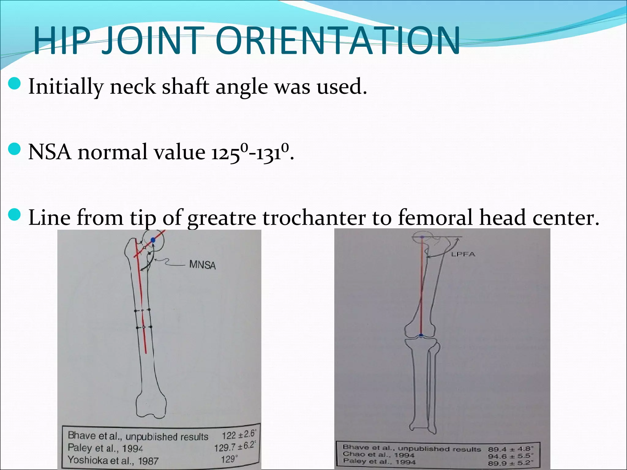 HIP JOINT ORIENTATION
Initially neck shaft angle was used.
NSA normal value 125⁰-131⁰.
Line from tip of greatre trochanter to femoral head center.
 