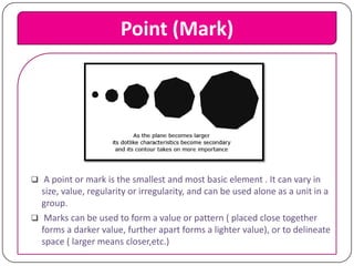 Point (Mark)

 A point or mark is the smallest and most basic element . It can vary in

size, value, regularity or irregu...