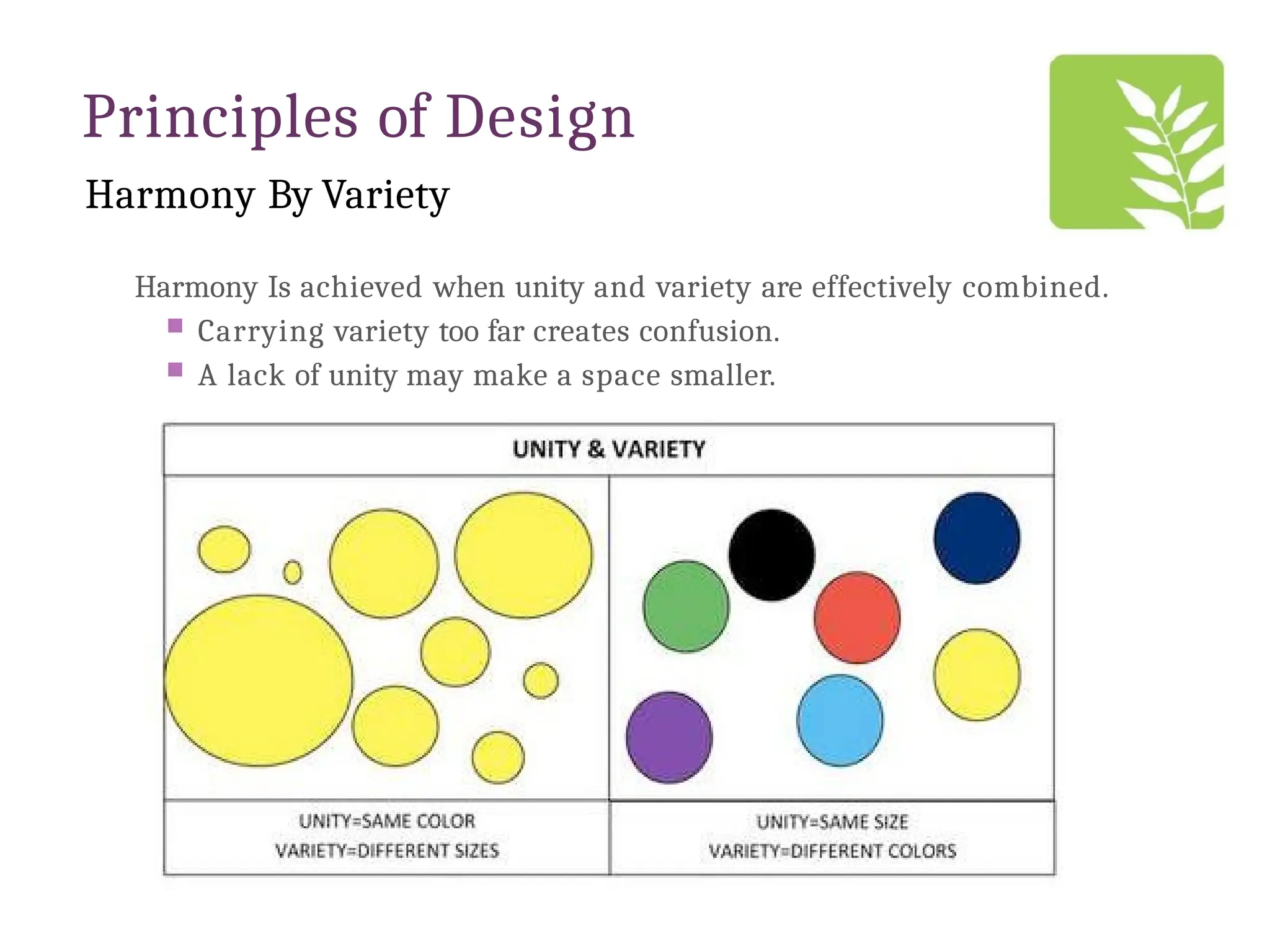 Principles of Design
Harmony By Variety
Harmony Is achieved when unity and variety are effectively combined.
 Carrying variety too far creates confusion.
 A lack of unity may make a space smaller.
 