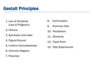 Gestalt Principles
1. Law of Simplicity
(Law of Prägnanz)
2. Closure
3. Symmetry and order
4. Figure/Ground
5. Uniform Connectedness
6. Common Regions
7. Proximity
8. Continuation
9. Common Fate
10. Parallelism
11. Similarity
12. Focal Point
13. Past Experiences
 