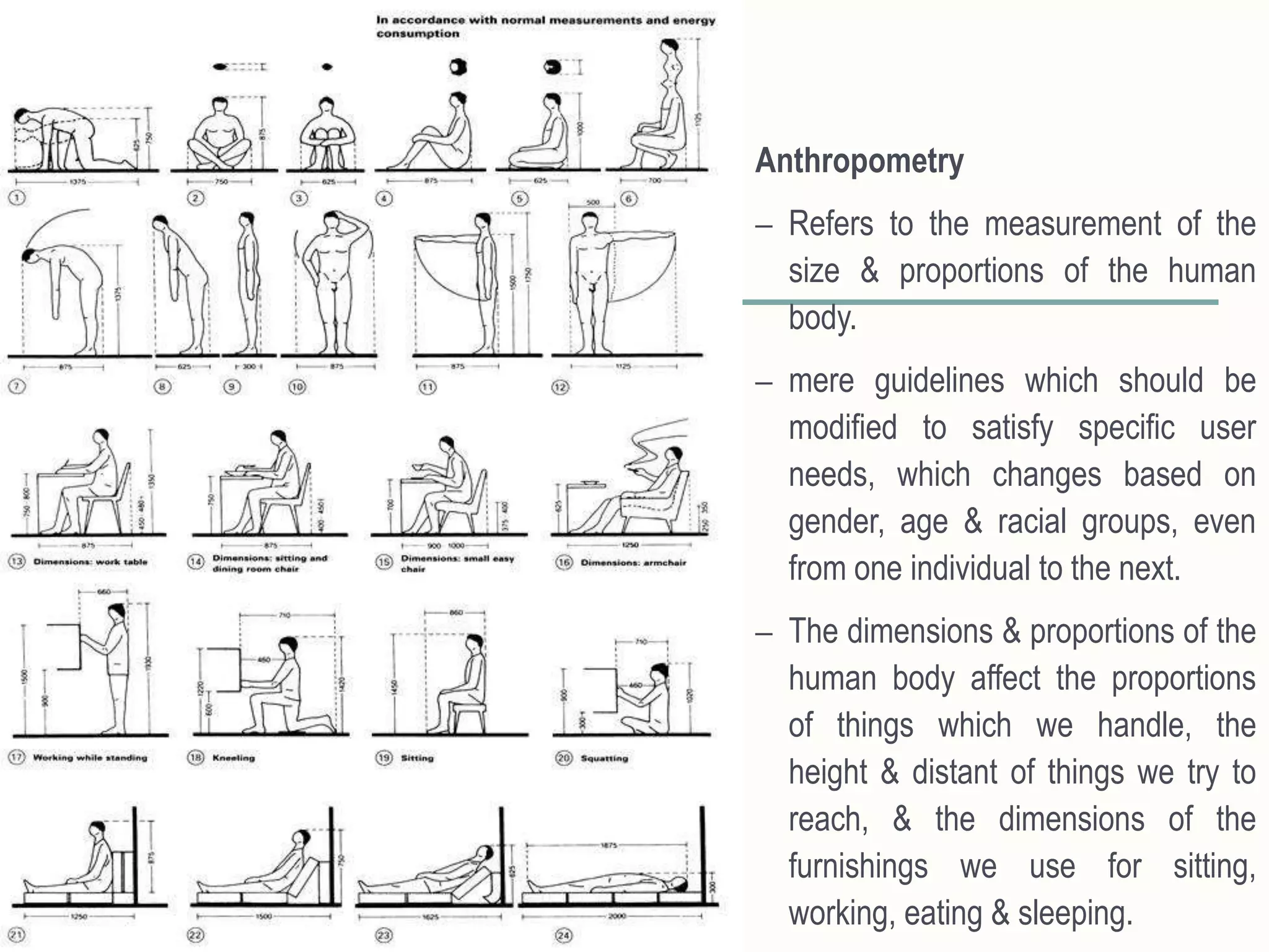 Anthropometry
– Refers to the measurement of the
size & proportions of the human
body.
– mere guidelines which should be
modified to satisfy specific user
needs, which changes based on
gender, age & racial groups, even
from one individual to the next.
– The dimensions & proportions of the
human body affect the proportions
of things which we handle, the
height & distant of things we try to
reach, & the dimensions of the
furnishings we use for sitting,
working, eating & sleeping.
 