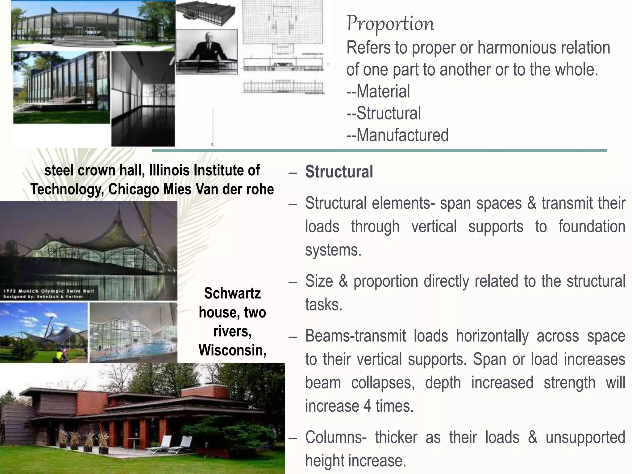 – Structural
– Structural elements- span spaces & transmit their
loads through vertical supports to foundation
systems.
– Size & proportion directly related to the structural
tasks.
– Beams-transmit loads horizontally across space
to their vertical supports. Span or load increases
beam collapses, depth increased strength will
increase 4 times.
– Columns- thicker as their loads & unsupported
height increase.
Proportion
Refers to proper or harmonious relation
of one part to another or to the whole.
--Material
--Structural
--Manufactured
steel crown hall, Illinois Institute of
Technology, Chicago Mies Van der rohe
Schwartz
house, two
rivers,
Wisconsin,
F.L. Wright
 