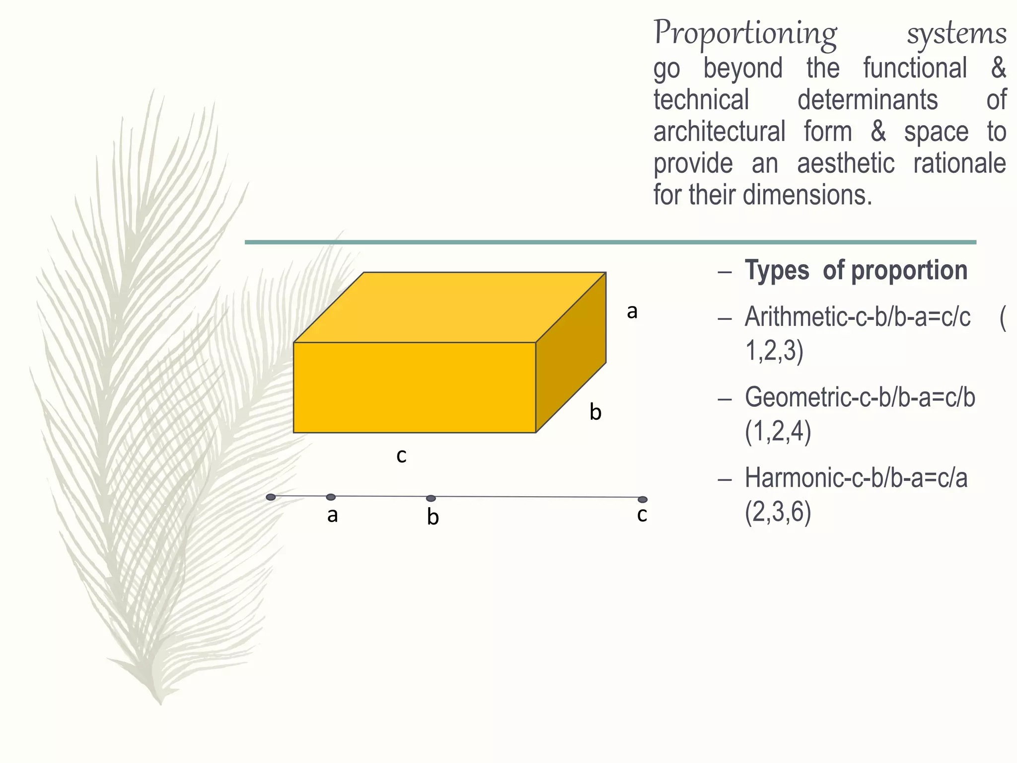 – Types of proportion
– Arithmetic-c-b/b-a=c/c (
1,2,3)
– Geometric-c-b/b-a=c/b
(1,2,4)
– Harmonic-c-b/b-a=c/a
(2,3,6)
Proportioning systems
go beyond the functional &
technical determinants of
architectural form & space to
provide an aesthetic rationale
for their dimensions.
a b c
a
b
c
 