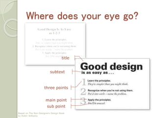 Where does your eye go?
title
subtext
three points
main point
sub point
Based on The Non-Designers Design Book
by Robin Williams
 