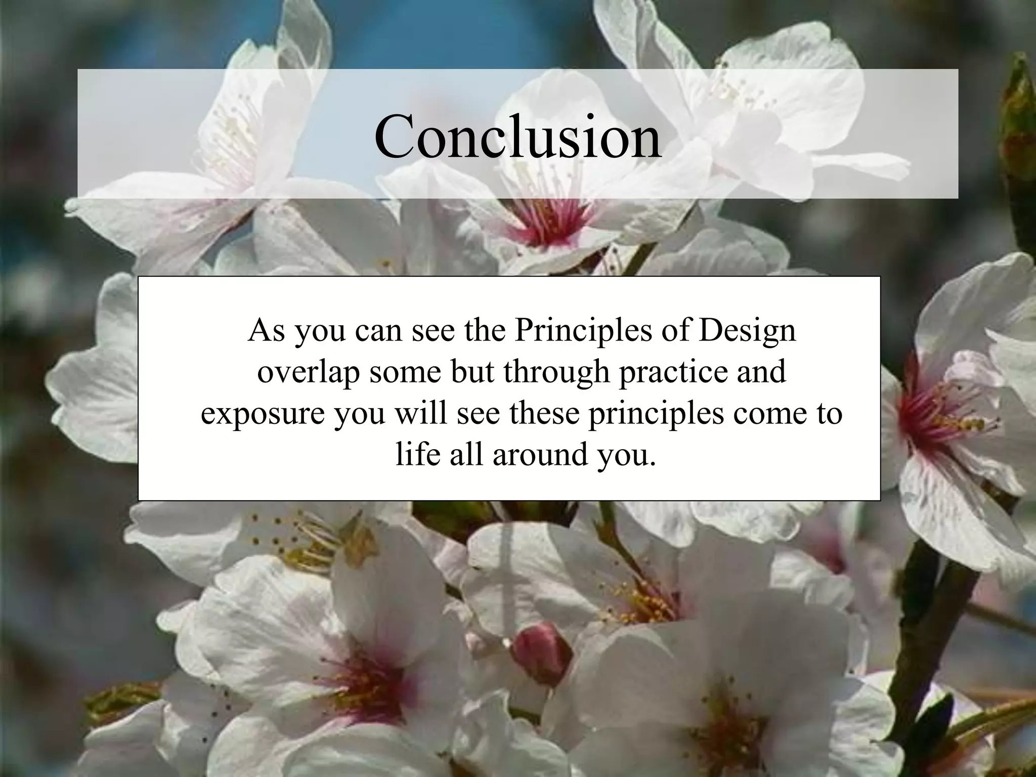 Conclusion
As you can see the Principles of Design
overlap some but through practice and
exposure you will see these principles come to
life all around you.
 