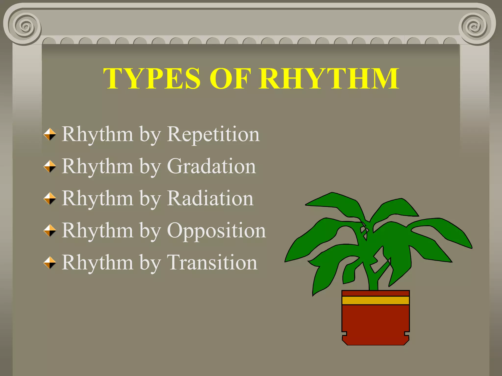 TYPES OF RHYTHM
Rhythm by Repetition
Rhythm by Gradation
Rhythm by Radiation
Rhythm by Opposition
Rhythm by Transition
 
